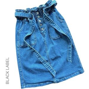 BLACK LABEL PAPERBAG STRETCH DENIM SKIRT BUTTON FLY TIE WAIST POCKETS | SMALL